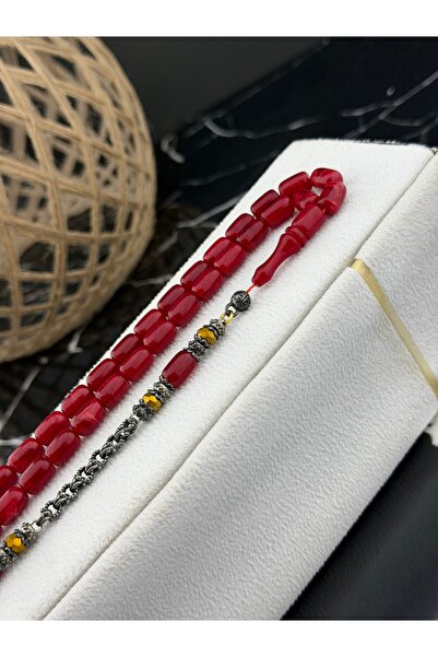 Tesbihci sinan Kırmızı Bol Hareli Sıkma Kehribar Tesbih – 7x11 mm Kapsül Kesi...