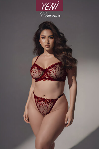 Valunor Glam Bordo Plus Size Büyük Beden C Cup Çiçekli Seksi Çamaşırı Takımı