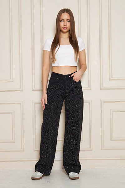PAYİNİ Pantaloni din denim PLAZO cu aplicații de pietre