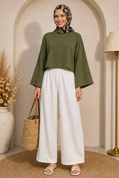 dolabımdakalsın Kadın yeşil oversize düşük omuz bisiklet yaka basic bluz TG006