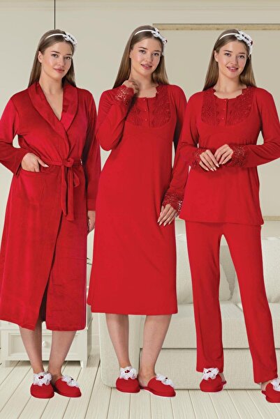 Mecit Pijama Mecit 6500 Red Velvet Dressing Gown Nightgown Pajamas Maternity Set