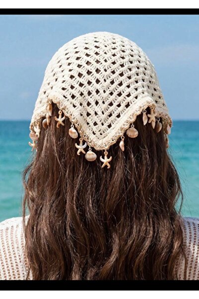 Generic Crochet Hair Bandana with Sea Shell and Starfish Decorations - Off Wh...