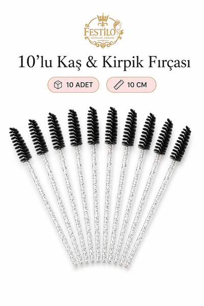 FESTİLO Kaş Kirpik Fırçası 10 Adet 10 cm Şeffaf Simli Saplı Spiral Makyaj Fır...