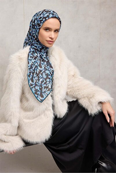 Silk Home وشاح من القطن والبوليستر باللون الأسود والأزرق بنقشة الزهور مقاس 90x90