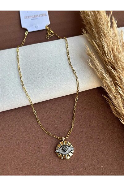 rycollections Steel Circle Plate with Eye Figure and Stone Necklace