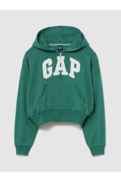 GAP Kadın Yeşil Fransız Havlu Kumaş Oversized Logo Fermuarlı Sweatshirt