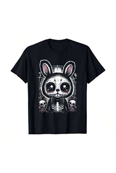 9TAY تي شيرت مطبوع عليه Creepy Cute Bunny Alt Goth Grunge Horror Crew Neck، م...
