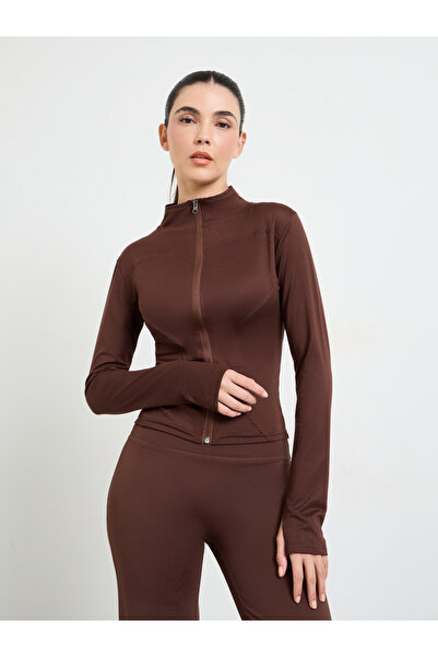Styli Brown Basic Thumbhole Detail Zip Up Jacket