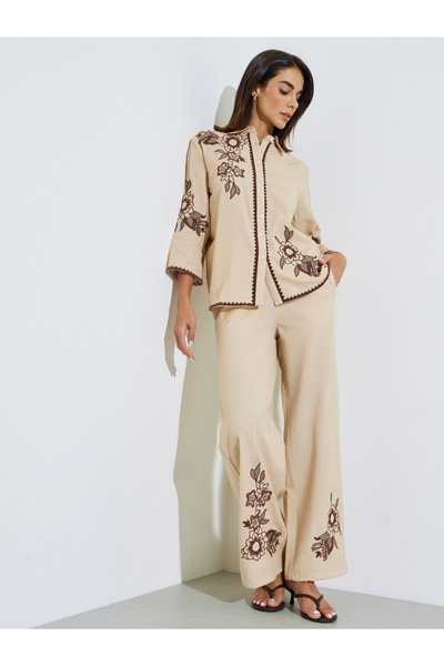 Styli Embroidered Shirt And Wide Leg Pant Set