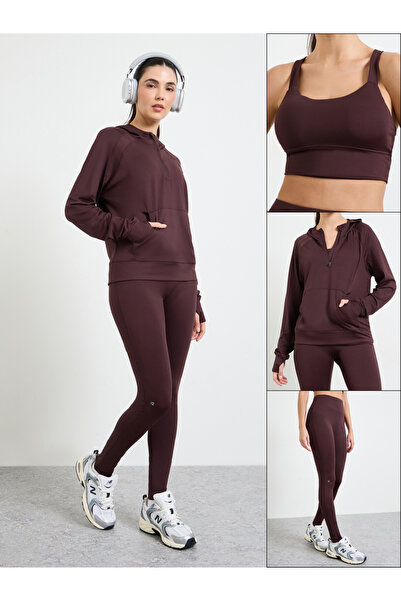 Styli Pack Of 3 - Half Zip Up Loose Fit Hooded Top, Sport Bra And Leggings Set
