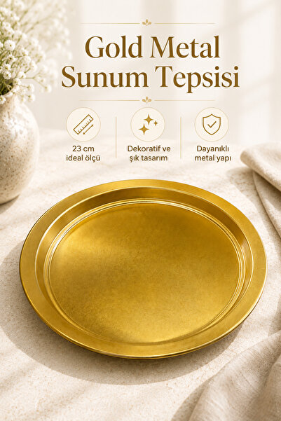 DİVAYS Gold Metal Sunum Tepsisi 23 cm Dekoratif Şık Servis Tepsisi 1 Adet