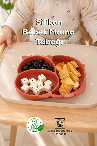 Porsima MYS34005-1 Silikon 3 Bölmeli Kaymaz Bebek Mama Tabağı Kiremit 14*21cm