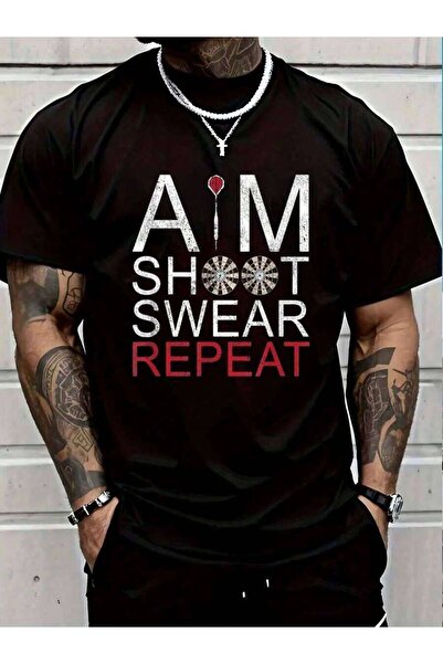 799 تي شيرت رجالي أسود صيفي بتصميم ريترو عتيق، 100% قطن، بطبعة 'Aim Shoot Swe...