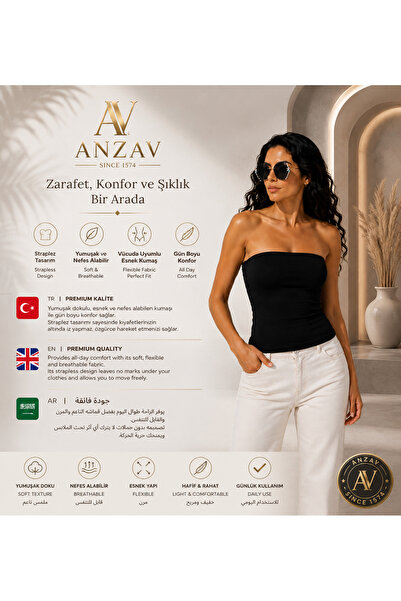 AV ANZAV 1574 Kadın Siyah Likralı Straplez Atlet – Basic Esnek Askısız Pamuklu Atlet
