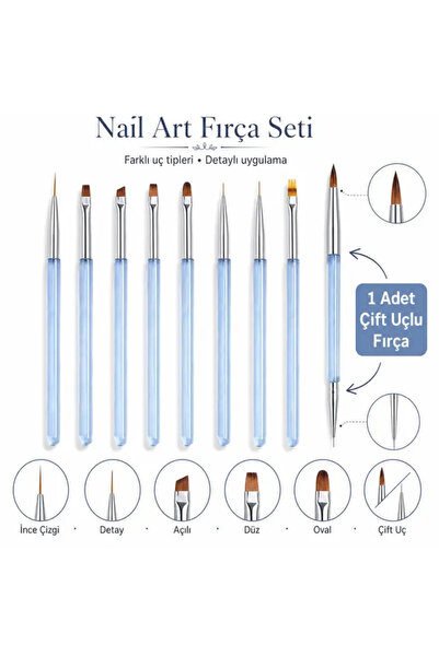 Fontenay 9’lu Premium Nail Art Fırça Seti Çift Uçlu İnce Detay Düz Açılı Oval...