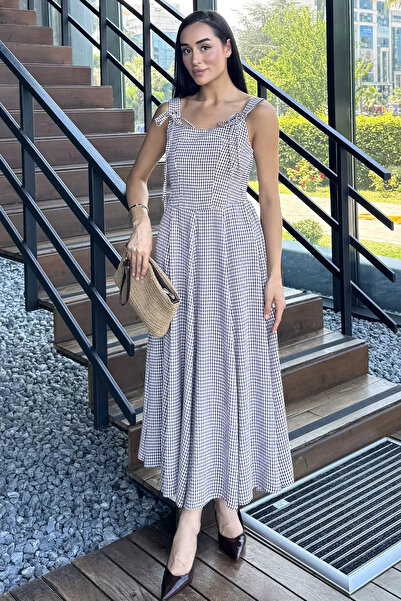 Aryena Dark Burgundy Shoulder Tie Patterned Dress