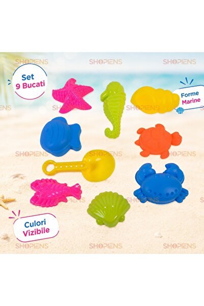 SHOPIENS Set de 9 piese forme de nisip pentru plajă, cu lopățică, scoici, pește, crab, căluț de mare, broască țestoasă, stea, colorate, pentru copii.