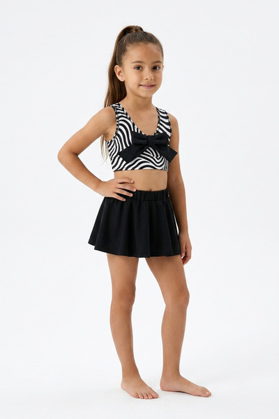 caddekids Kız Çocuk Zebra Desenli Etekli Bikini Takımı Fiyonklu 2'li Mayo Tak...