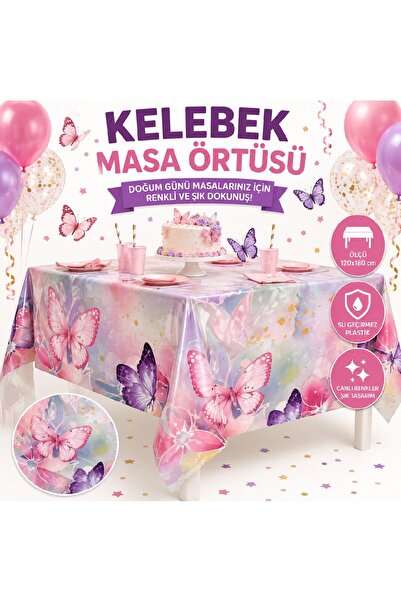 Bkmc Kelebek Doğum Günü Plastik Masa Örtüsü 120x180 cm | Kelebek Temalı Parti...