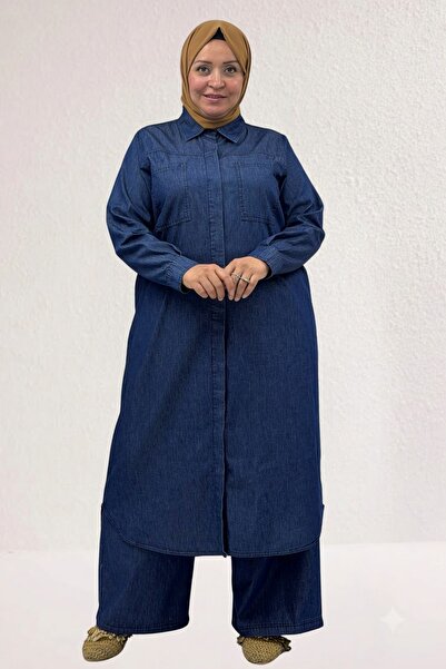 Eslina 67060 Large Size Men's Lapel Buttoned Denim Tencel Trousers Suit - Nav...