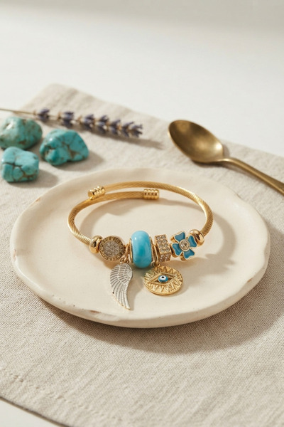 deluxe takı ve giyim Blue Color Eye Model Gold Charm Bracelet