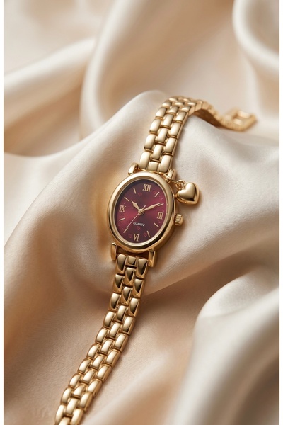 KLISHE Butik Valentin Women's Steel Watch Gold Color & Burgundy Dial Heart Ch...