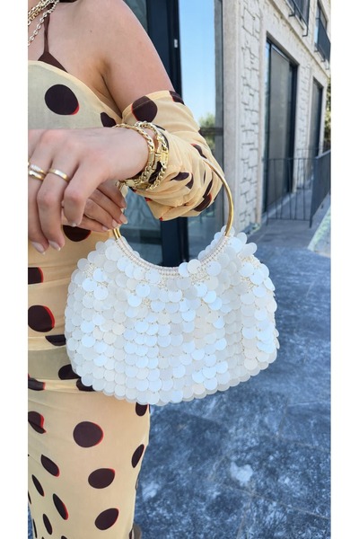 ATELİER TUĞBA Çnt005 Gold Ring Handle White Sequined Handmade Clutch Bag