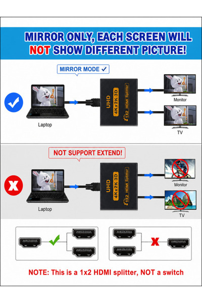 Vwin 4K HDMI Splitter Çoğaltıcı 2 Port Switch Ekran Monitör Çoklayıcı, Aynı Anda 2 Cihaza Görüntü/Ses Aktarır