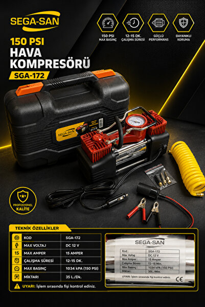 SEGASAN SEGA-SAN Profesyonel 150 PSI Araç Hava Kompresörü - Çantalı, LED Fene...