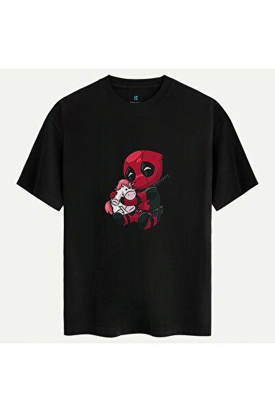 Oversize %100 Pamuk Unisex Dead Pool Baskılı Tişört - Siyah