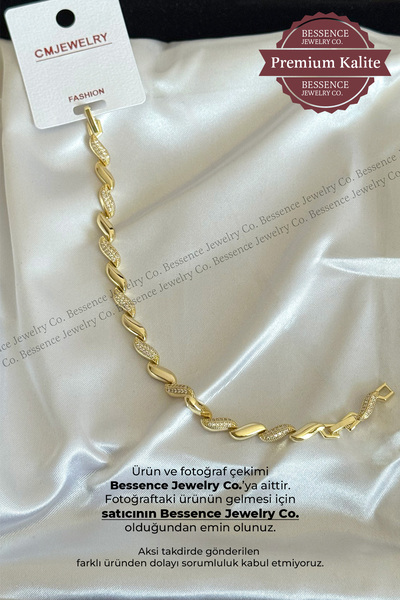 BESSENCE JEWELRY CO. CM Jew 14K Gold Zirkon Taşlı Burgu Yaprak Model Çelik Bi...