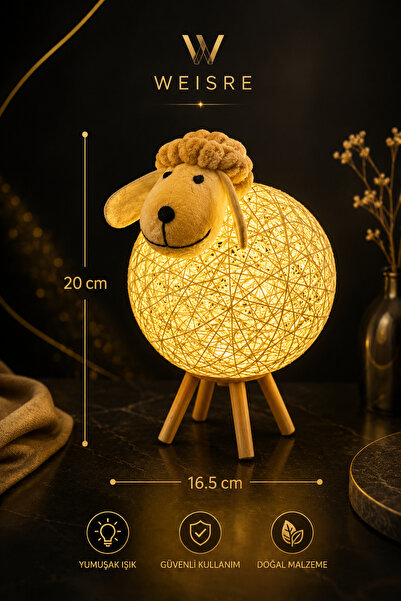 Weisre Kuzu Gece Lambası Rattan Örgü Ahşap Ayaklı Sevimli Dekoratif Led Masa Lambası Bebek Çocuk Odası