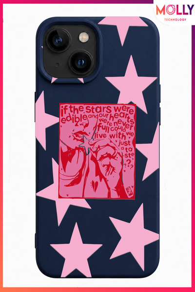 Molly iPhone 15 İçin Siyah Craving Stars Desenli İçi Kadife Silikon Kılıf