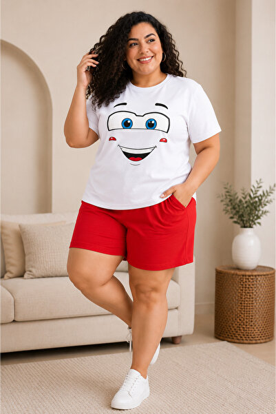 Rubonia Women's Plus Size Smiling Face Printed Shorts Set Oversize 2-Piece Co...