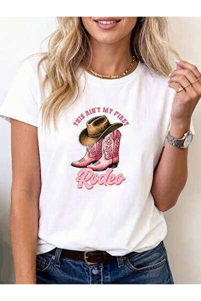 799 Cowgirl with Hat And Boots Womens White Short Sleeve T Shirt Complete Wes...