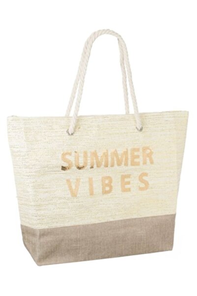 ivokid Geantă de iută bej cu paiete aurii  "SUMMER VIBES " pentru plajă 55.5x...