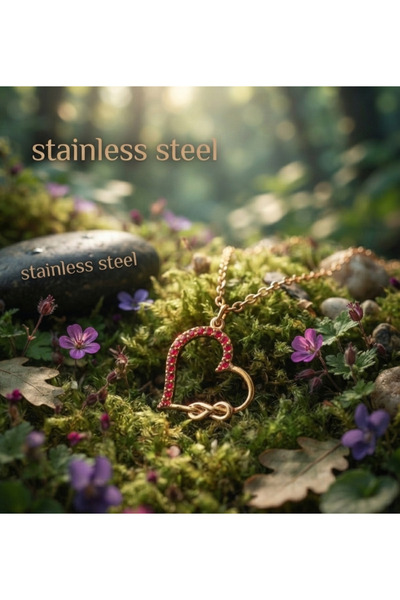 stainless steell قلادة من الفولاذ بتصميم قلب لا نهاية له بلون ذهبي مع حجر الز...