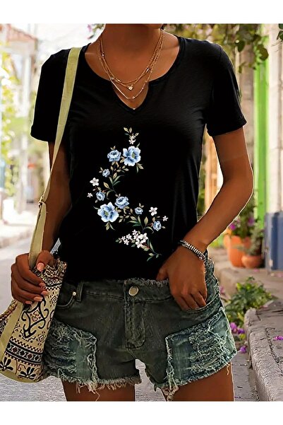 Deocept Women Blue Floral Print Half V-Neck Sleeved Regular Fit Comfortable T...