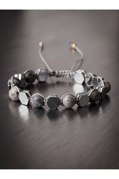 OSMANLI DEĞERLİ TAŞ Gray Jasper - Hematite Natural Stone Macrame Bracelet