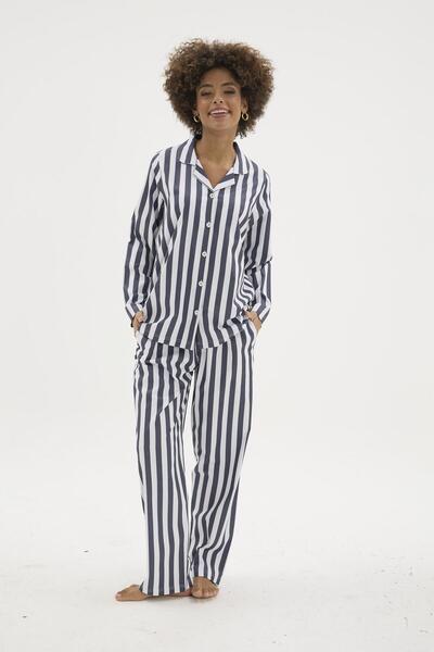 KLY Kadın Mavi Önden Düğmeli Çizgili Gaffur Pijama Takımı C4T3N04