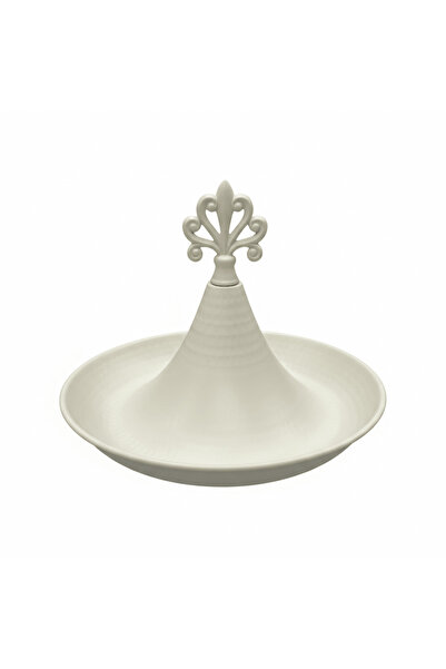 AKDC Cream Round Metal Serving Tray with Ornate Finial - 26×18 cm