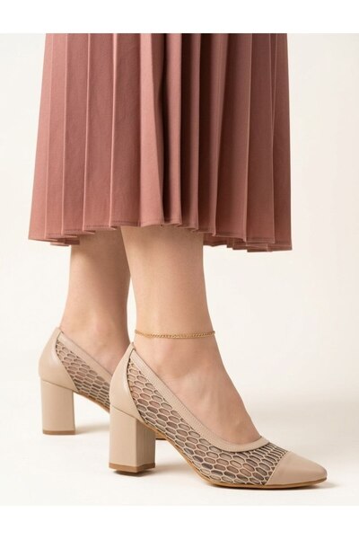 Gönbeler Women's Beige Laser Cut Thick Heeled 6 cm Stylish Evening Dress Even...