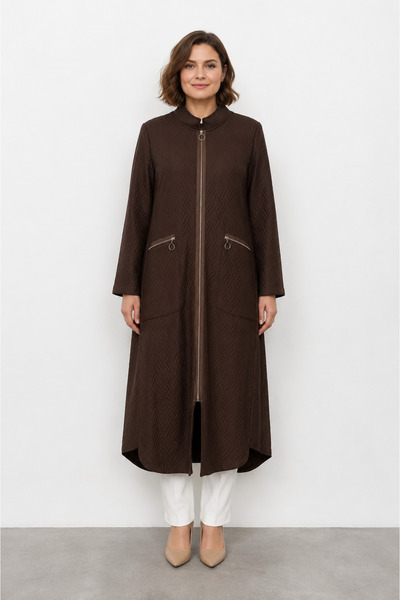 bihan store قبعة نسائية طويلة بياقة مطوية وسحاب Y26-26051 - بني