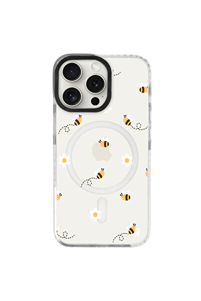 Casen iPhone 14 Pro Max Yanları Beyaz Magsafe Arty Şeffaf Bees and Flowers Ta...