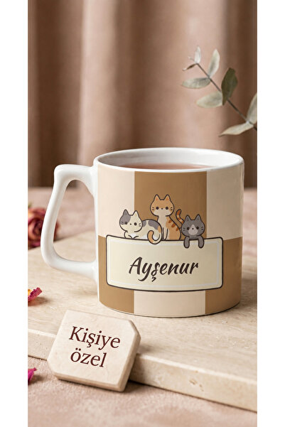 Eylül Design Kişiye Özel İsim Baskılı Sevimli Kediler Tasarım Seramik Kupa Ba...