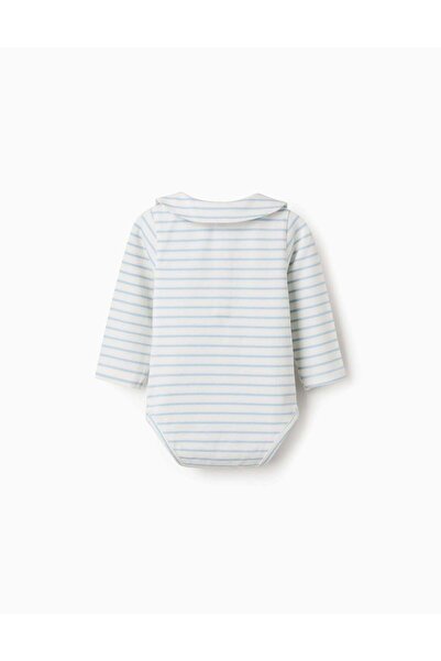 Ziddy Long Sleeve Polo Bodysuit With Stripes For Newborn Boys, Beige/Blue