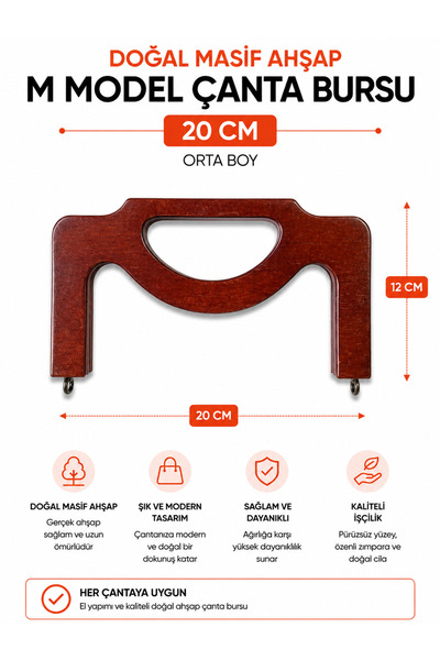 vollen yarn Lemn masiv natural, model M, cadru pentru geantă de 20 cm, cadru ...