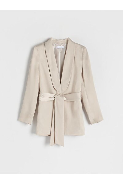 NO BRAND Blazer clasic bej, cu mânecă lungă, cu curea, culoare uni, XXL