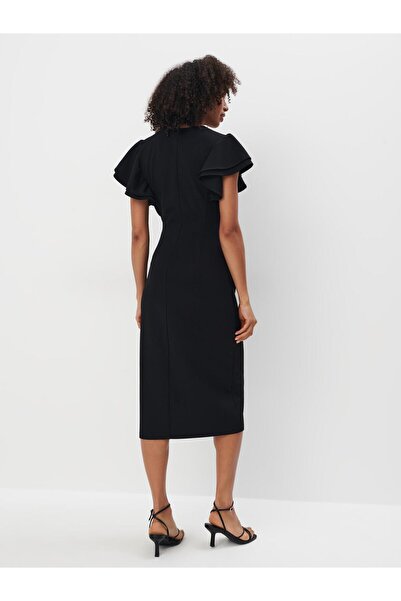 NO BRAND Rochie midi neagră cu șliț, drapată, cu mâneci cu volane, Mohito XXS