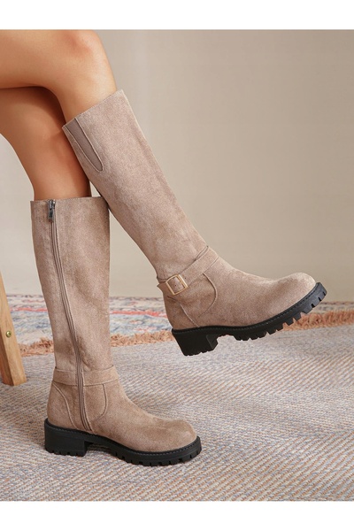 NO BRAND Pantofi cu toc platformă, bej, clasici, simpli, din piele întoarsă, ...